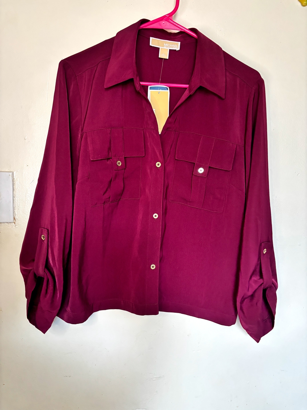 Michael Kors Deep Magenta Button-Front Utility Blouse
